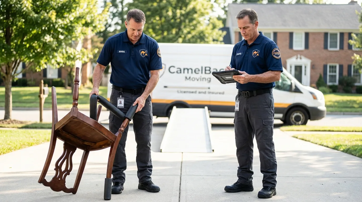 Movers inspecting furniture for damage prevention before loading in Winton, NC
