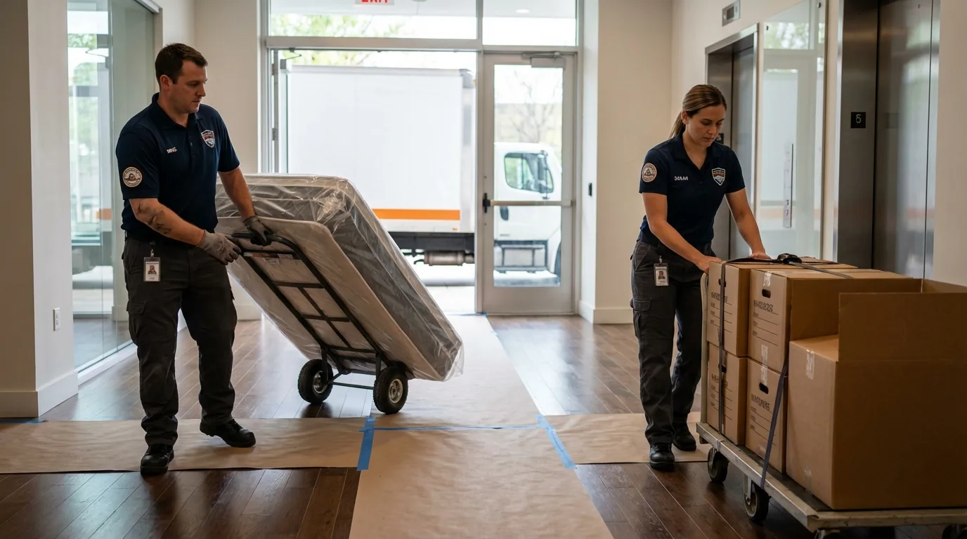 Professional apartment movers loading elevator in Winton, NC